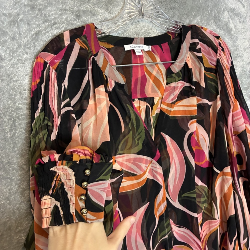Chicos Women Pintuck Sleeve Orchid Printed Blouse 1.5-10 Georgette Sheer Chiffon